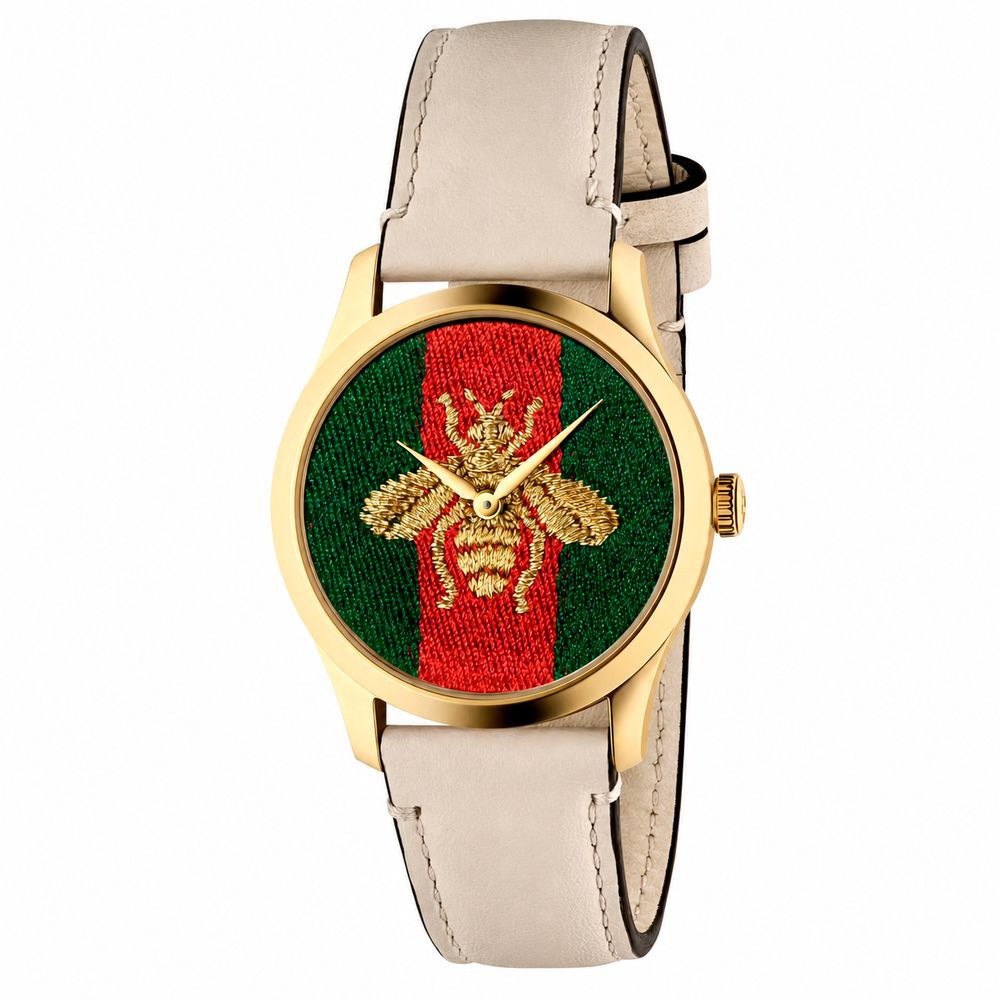 Gucci G-Timeless "Le Marché des Merveilles" Bee Gold/Beige Leather Watch YA1264128