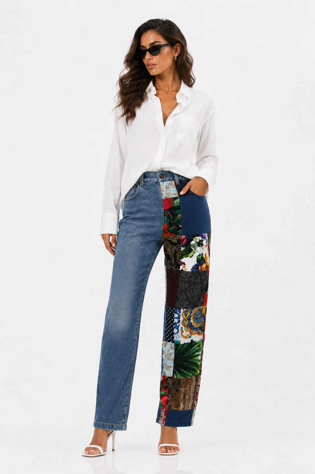 Jeans in denim a vita alta con patchwork Blue AMBER Dolce & Gabbana