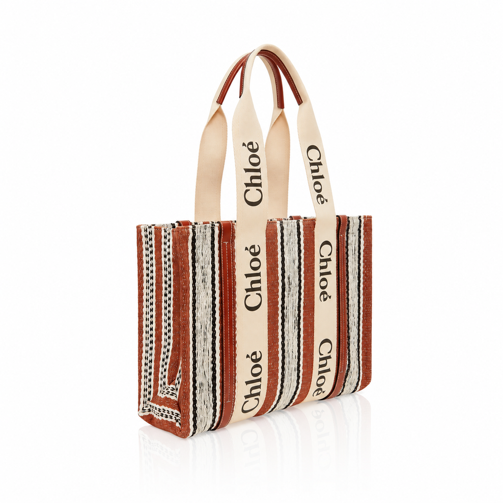 Chloé Striped Woody Linen Tote Bag
