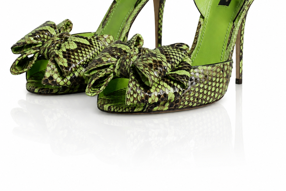 Dolce & Gabbana Green Python Bow Leather Heels Sandals