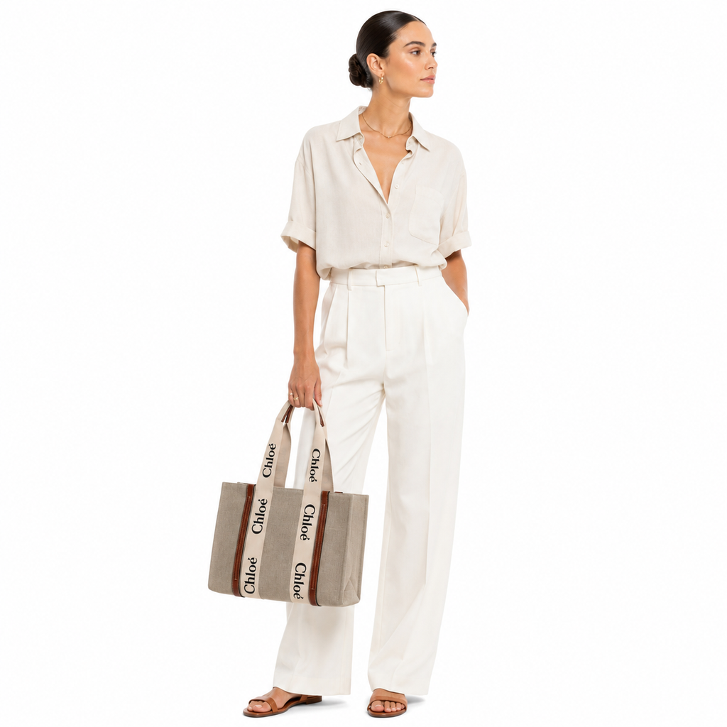 Woman holding Chloé Beige Woody Tote Bag