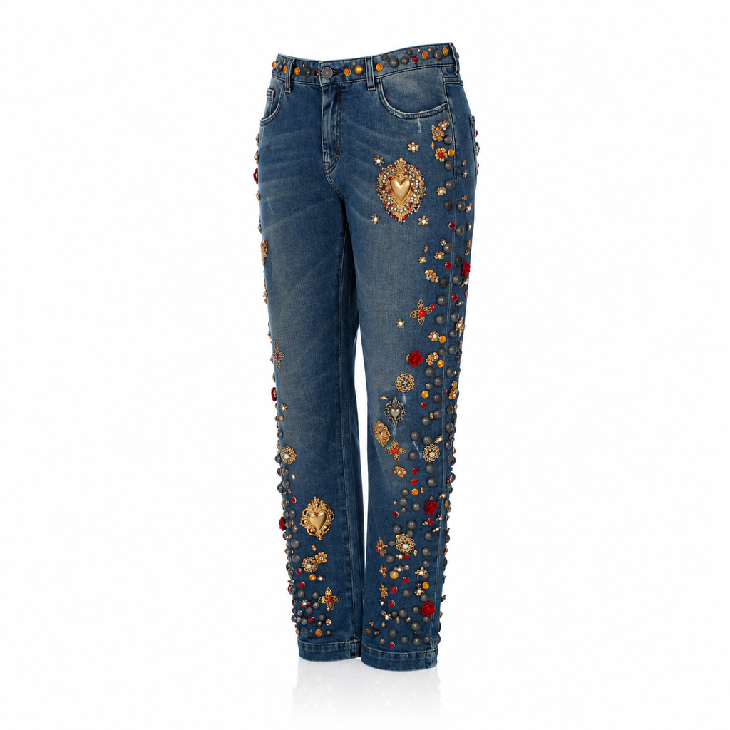 Dolce & Gabbana Crystal Roses Heart Embellished Jeans