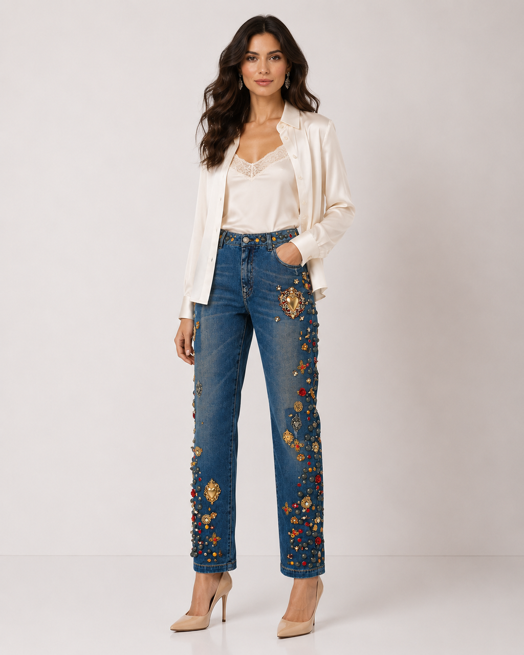 Dolce & Gabbana Crystal Roses Heart Embellished Jeans