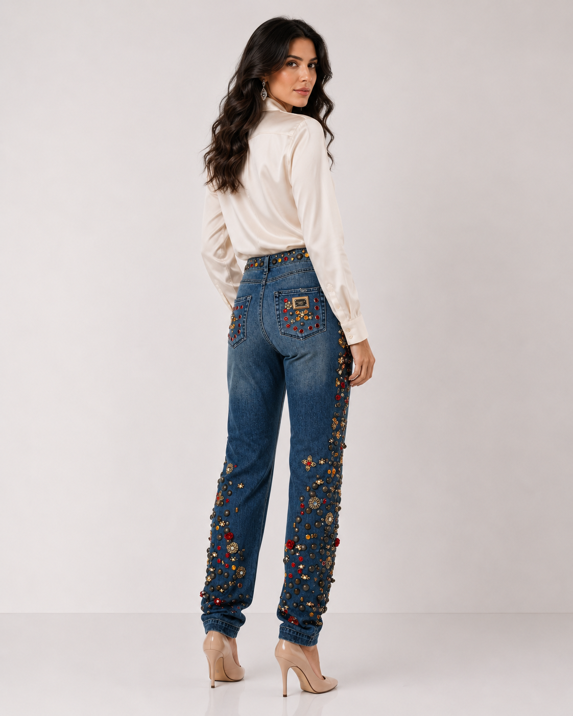 Dolce & Gabbana Crystal Roses Heart Embellished Jeans