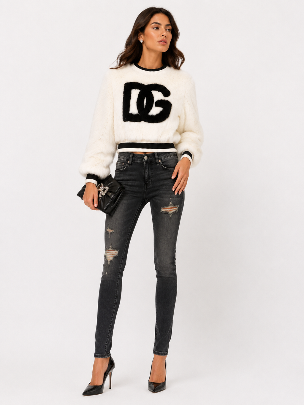Dolce & Gabbana White Cropped Faux Fur DG Sweater