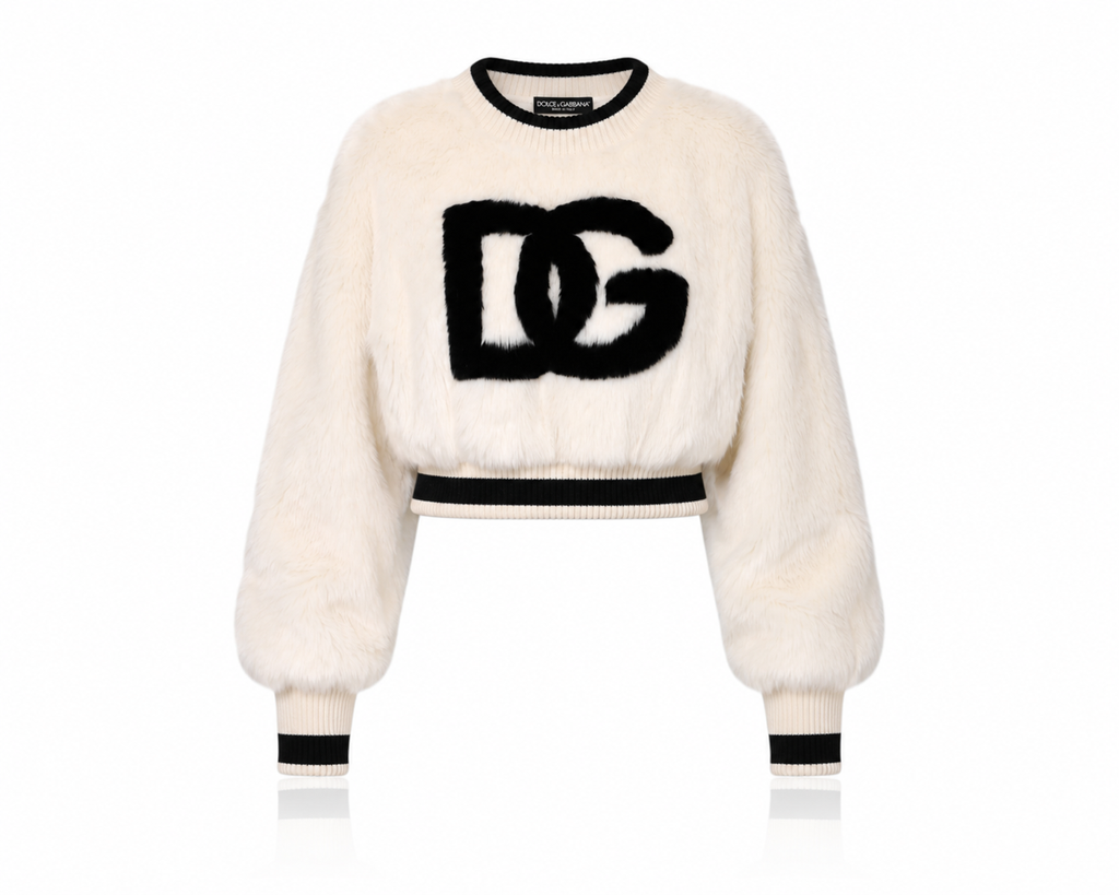 Dolce & Gabbana White Cropped Faux Fur DG Sweater