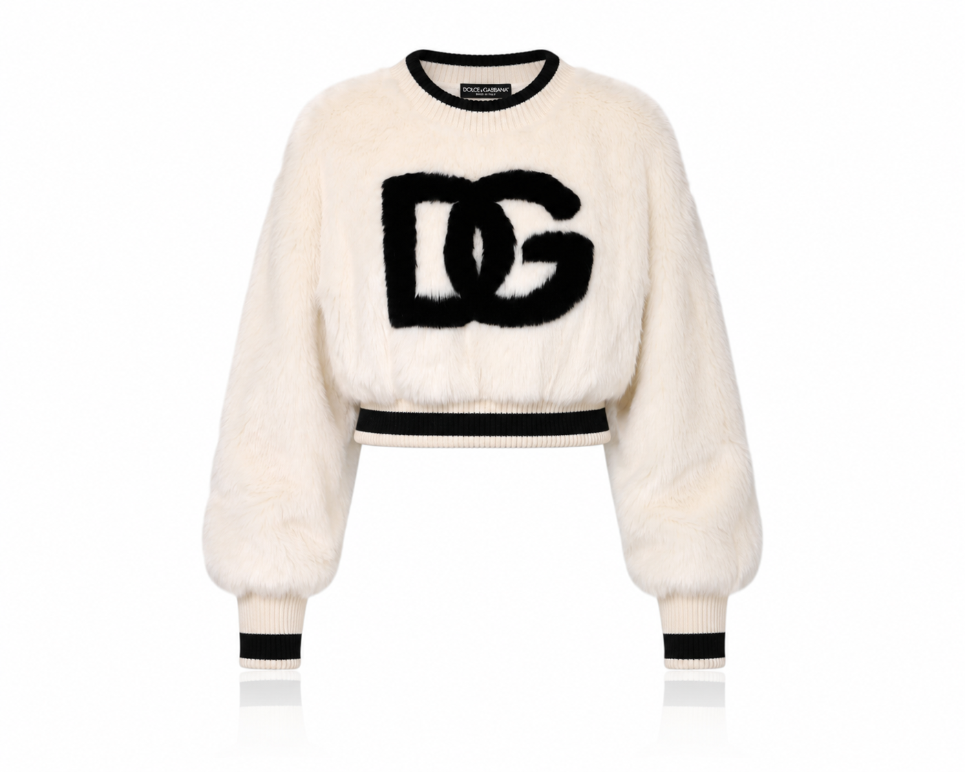 Dolce & Gabbana White Cropped Faux Fur DG Sweater