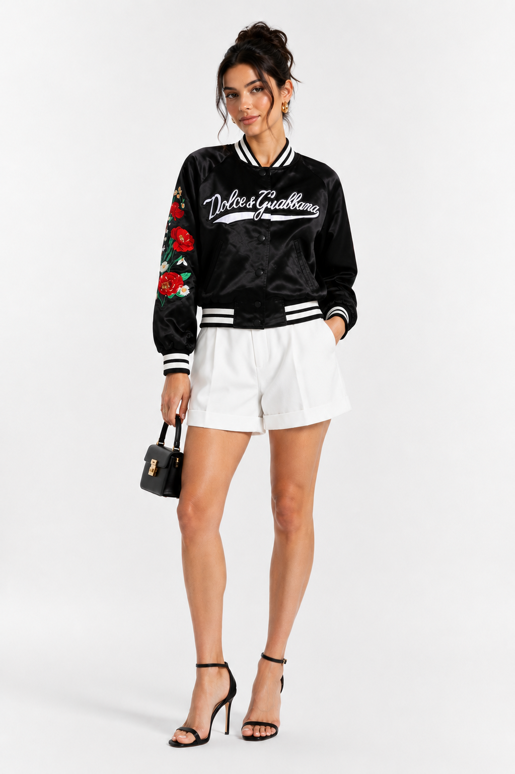 Dolce & Gabbana Floral Satin Varsity Bomber Jacket