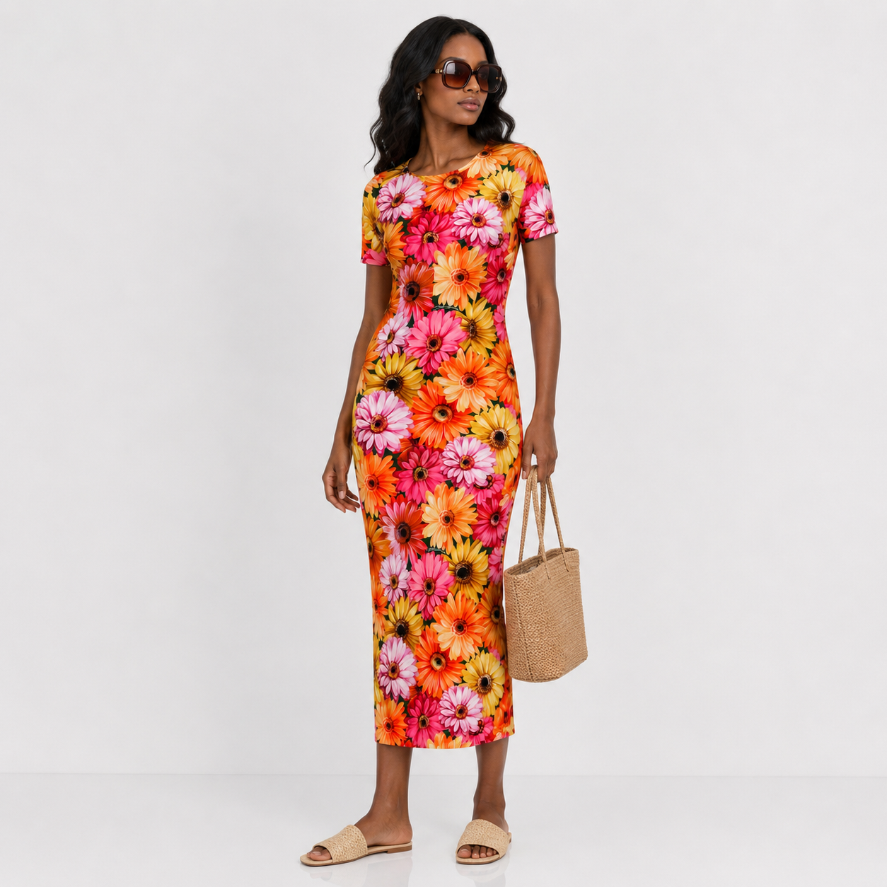 Dolce & Gabbana Gerbera-Daisy Charmeuse Midi Dress