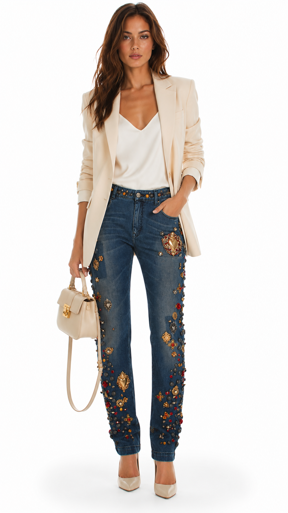 Woman wearing a cream blazer, white top, and blue jeans with floral embroidery on a white background