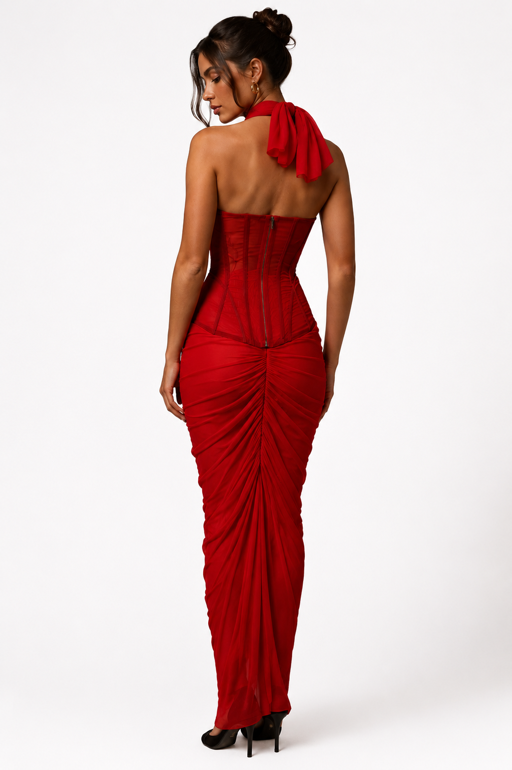 woman wearing Dolce & Gabbana Red Halter Corset Maxi Dress