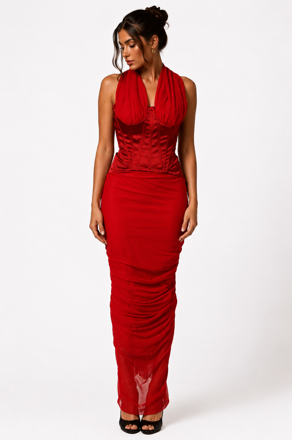 woman wearing Dolce & Gabbana Red Halter Corset Maxi Dress
