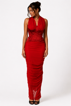 woman wearing Dolce & Gabbana Red Halter Corset Maxi Dress