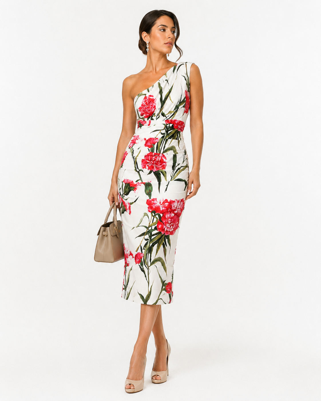Dolce & Gabbana Floral Carnation Ruched Midi Dress