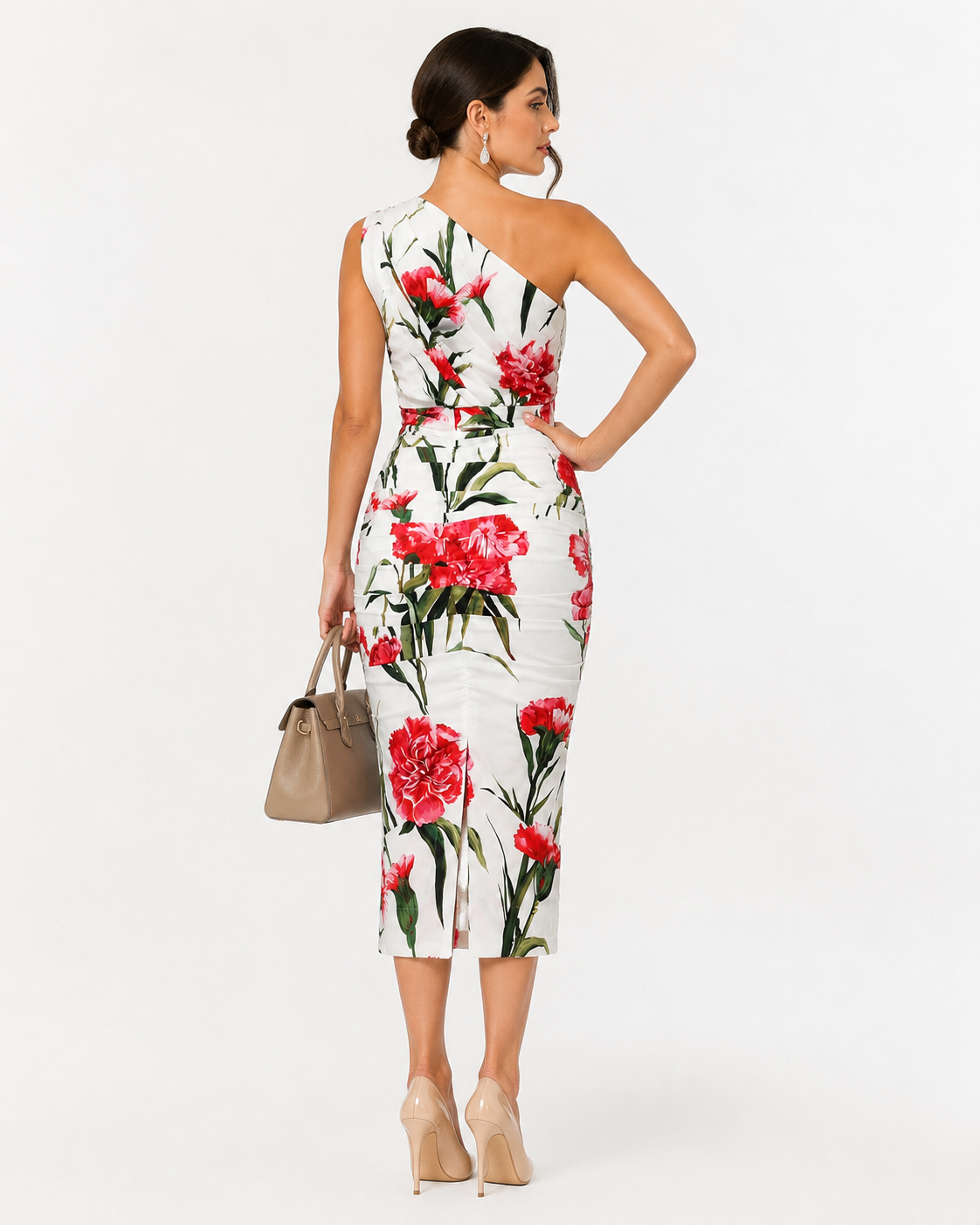 Dolce & Gabbana Floral Carnation Ruched Midi Dress