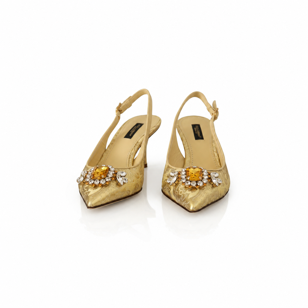 Dolce & Gabbana Gold Floral Brocade Crystal Slingback Pumps