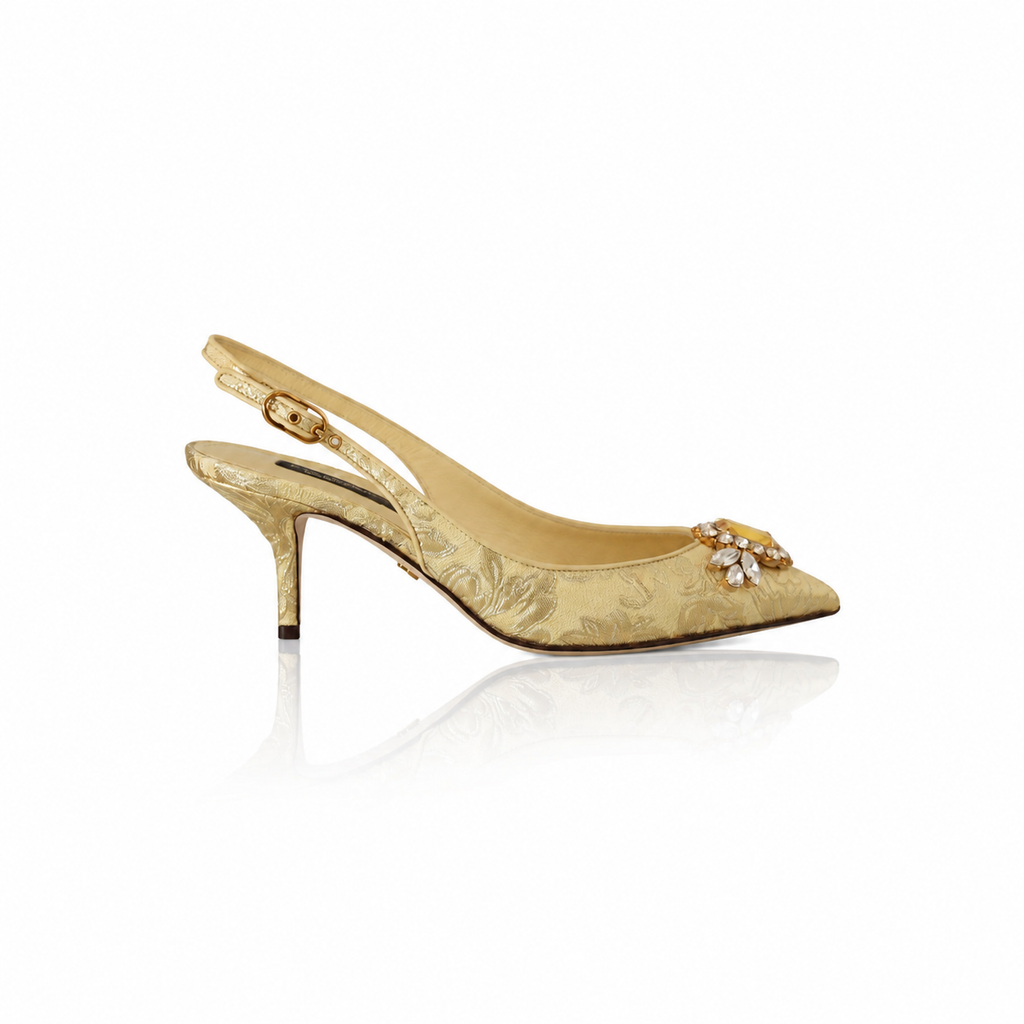 Dolce & Gabbana Gold Floral Brocade Crystal Slingback Pumps