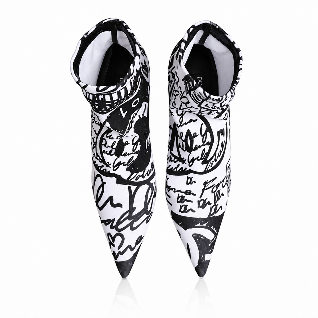 Dolce & Gabbana White Graffiti Stretch Ankle Boots