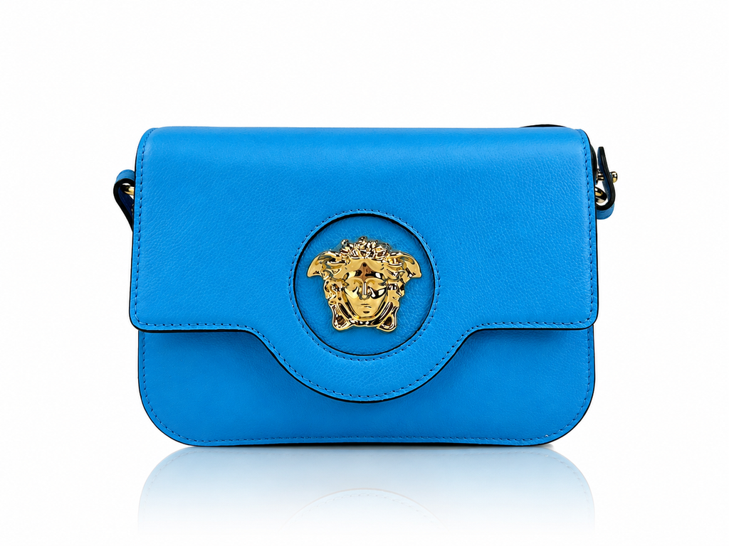 Versace La Medusa Cerulean Blue Leather Crossbody Bag