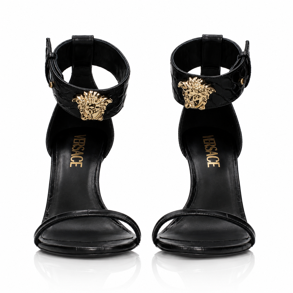Versace Ora Medusa Black Croc-Embossed Leather Heels