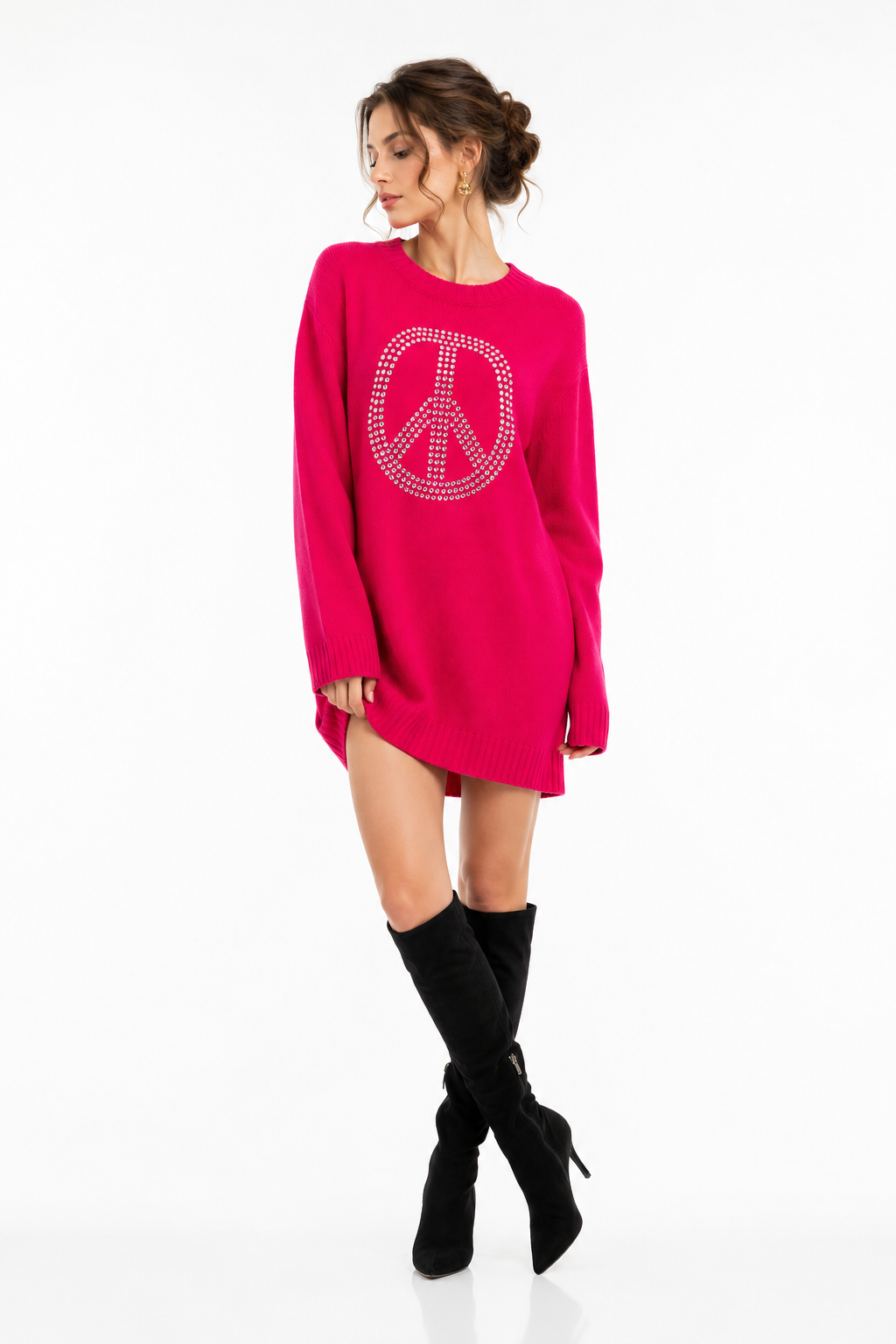 Moschino Rhinestone Peace Knitted Sweater Dress Fuchsia