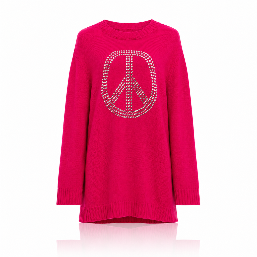 Moschino Rhinestone Peace Knitted Sweater Dress Fuchsia