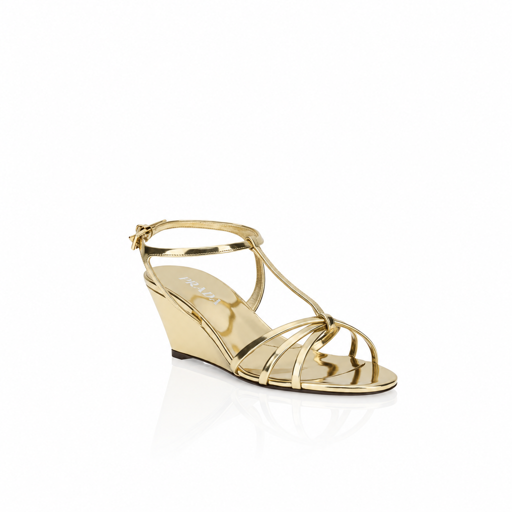 Prada Platino Leather Wedge Sandals