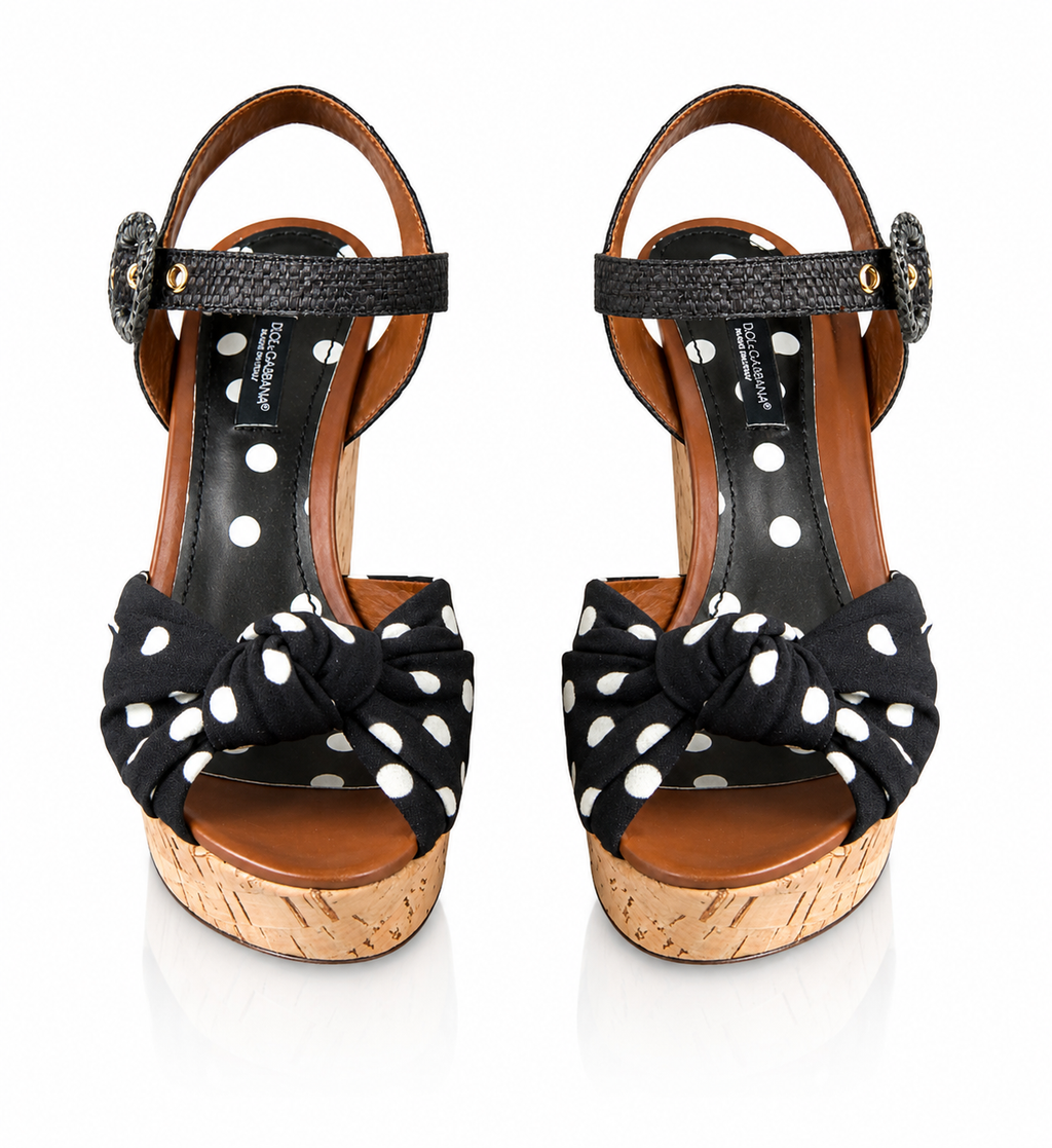 Dolce & Gabbana Polka Dot Raffia Wedge Sandals