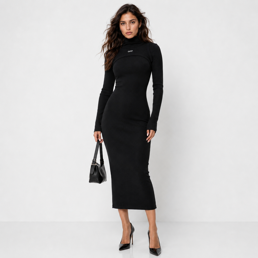 Off-White Stamped Ribbed Turtleneck Dress