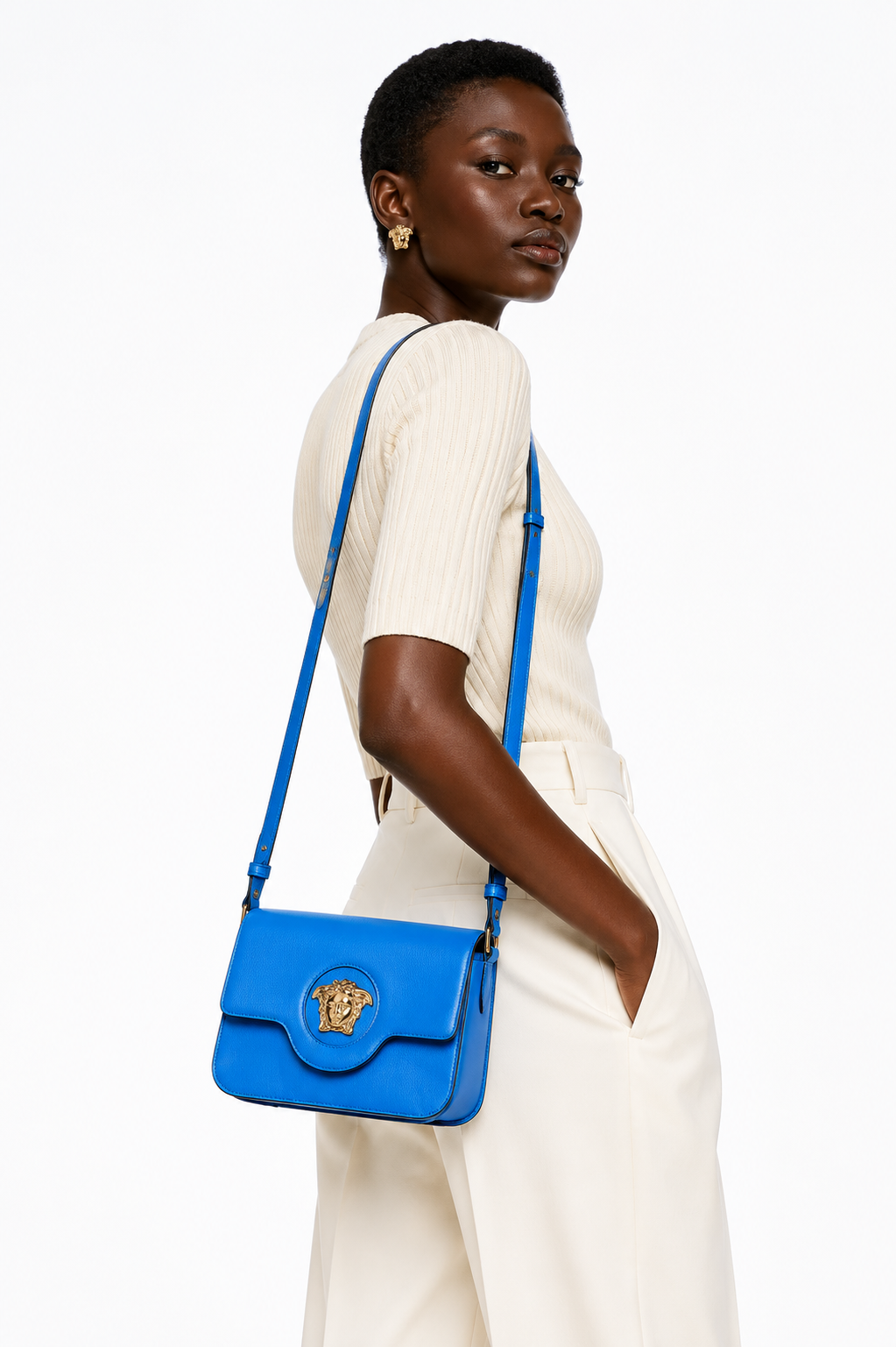 Versace La Medusa Cerulean Blue Leather Crossbody Bag