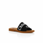 Chloé Woody Black Linen Flat Sandals