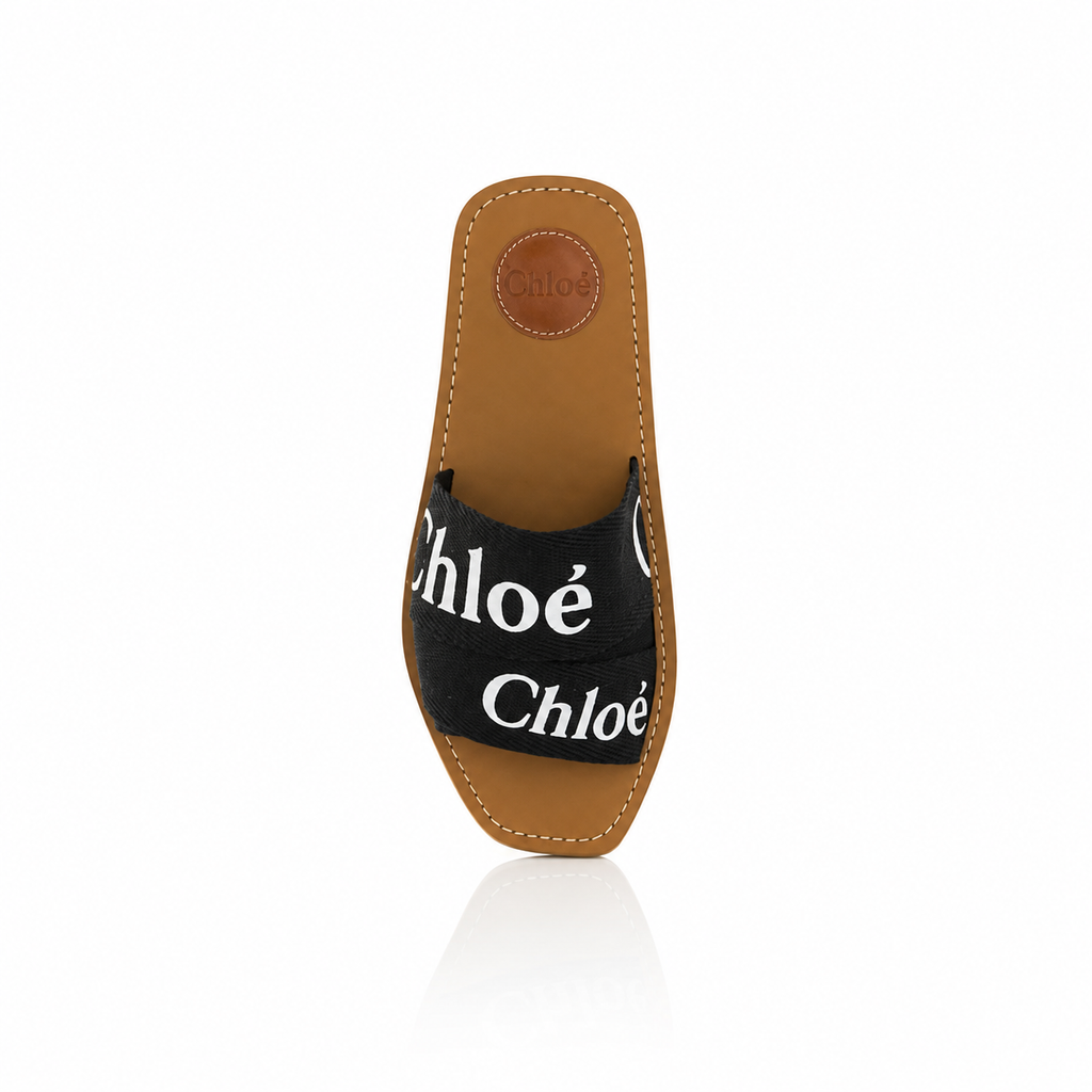 Chloé Woody Black Linen Flat Sandals