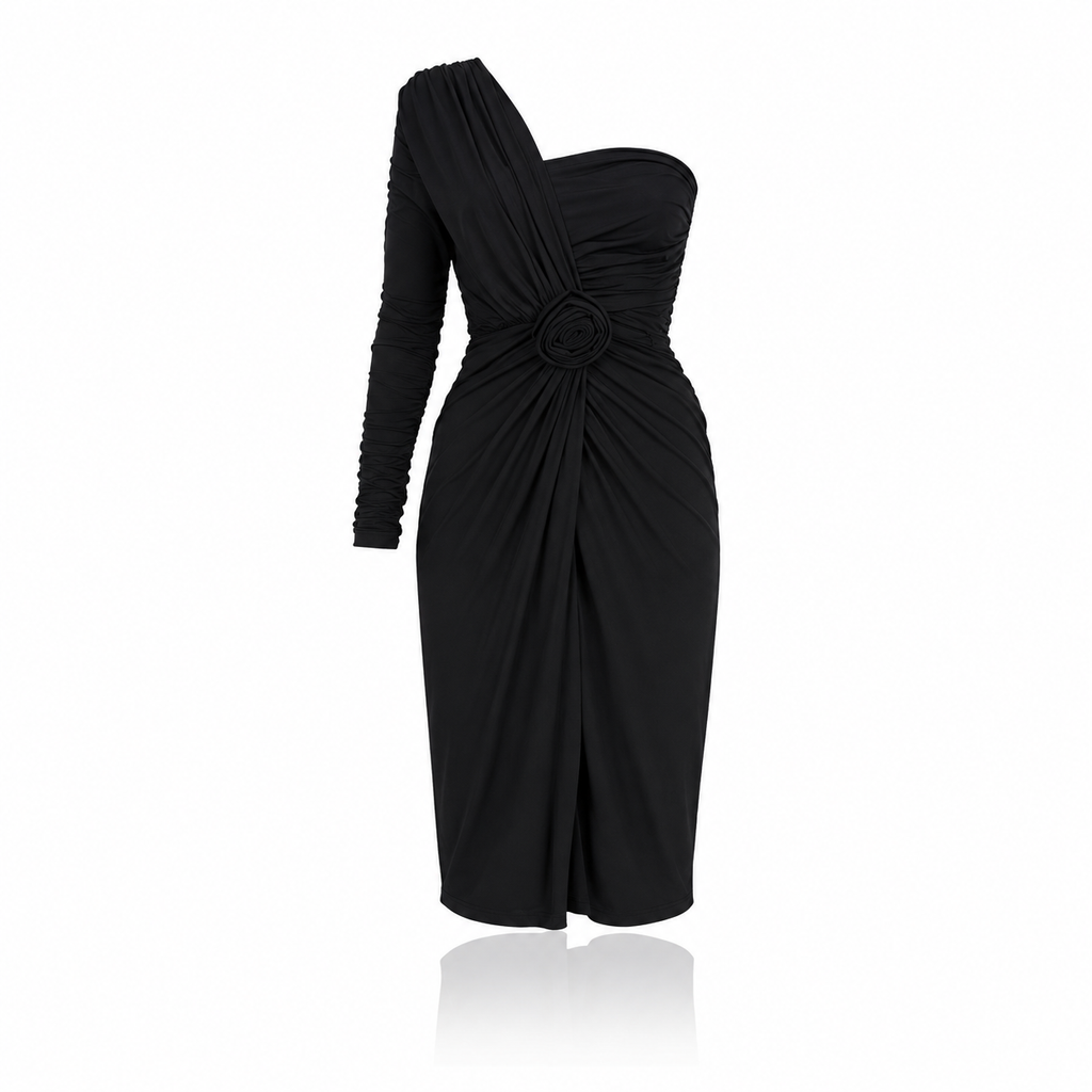 Abito in lana Dolce & Gabbana nero avvolgente a tubino monospalla