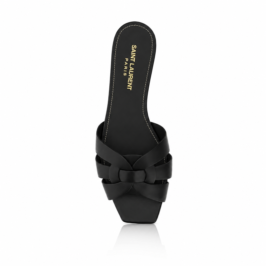 Saint Laurent Noir Tribute Nu Pieds 05 Flat Leather Sandals