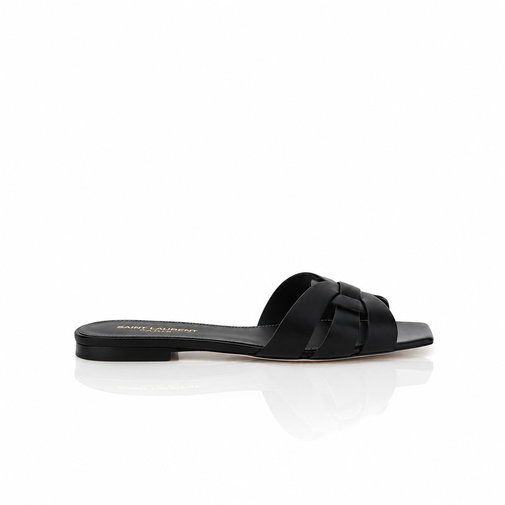 Saint Laurent Noir Tribute Nu Pieds 05 Flat Leather Sandals
